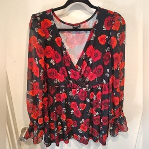 Torrid Rose Floral Print Babydoll Studio Knit Top Chiffon Puffed Sleeves Sz 3X